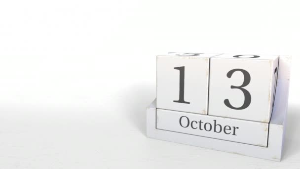 Wooden blocks calendar shows October 13 date, 3D animation — Stock Video