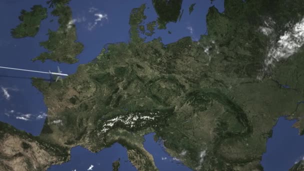 Avião voando para Katowice, Polônia a partir de oeste. Animação 3D de introdução — Vídeo de Stock