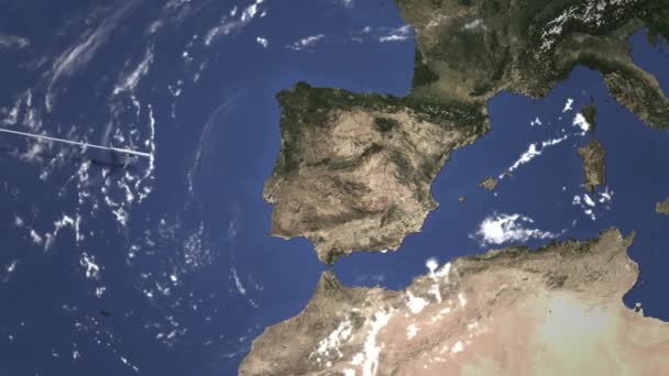 Самолет летит в Валенсию, Испания на карте. Интро 3D анимация — стоковое видео