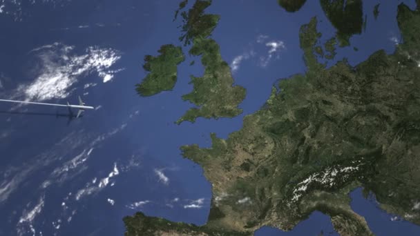 Avión con destino a Bruselas, Bélgica en el mapa. Intro animación 3D — Vídeos de Stock