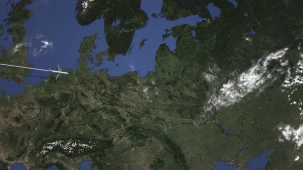 Pesawat tiba di Minsk, Belarus dari barat, animasi intro 3D — Stok Video
