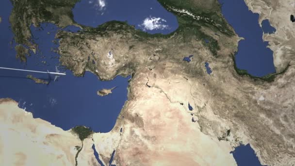 Itinerario di un aereo commerciale diretto a Mosul, Iraq sulla mappa. Intro Animazione 3D — Video Stock