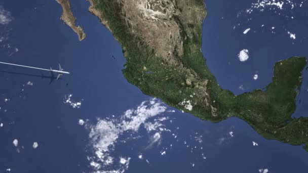 Avião comercial voando para Puebla, México. Animação 3D de introdução — Vídeo de Stock