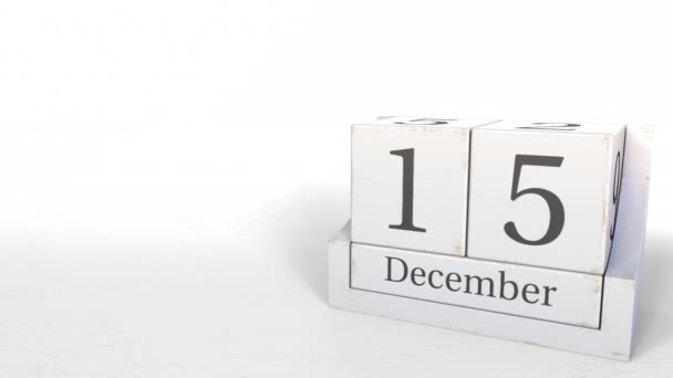 15 december datum op houtblokken kalender. 3D animatie — Stockvideo