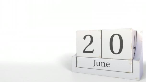 20 de junio fecha en calendario cubo vintage, animación 3D — Vídeo de stock