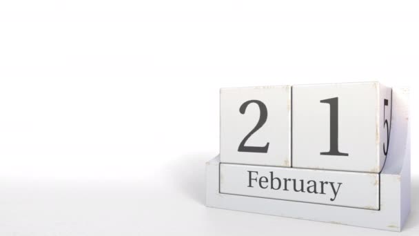 21 февраля дата на календаре деревянных блоков. 3D анимация — стоковое видео