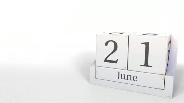 21 de junho data no calendário de blocos de madeira. Animação 3D — Vídeo de Stock
