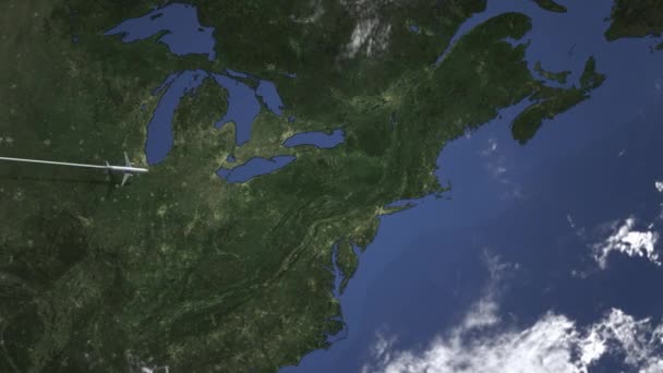 Avion volant vers Providence, États-Unis depuis l'ouest. Intro animation 3D — Video