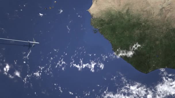 Vliegtuig vliegen naar Freetown, Sierra Leone van west. 3D animatie — Stockvideo