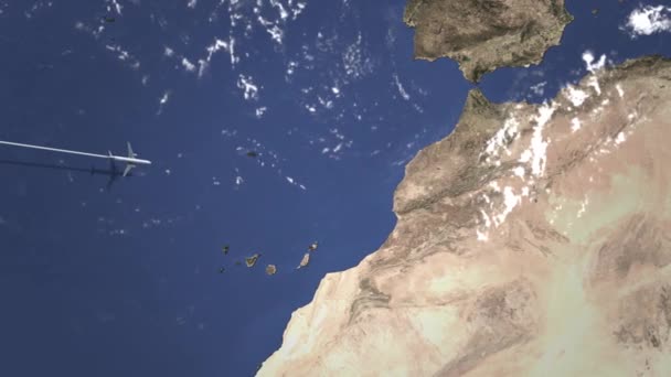 Коммерческий самолет прибывает в Марракеш, Марокко, вступление 3D анимации — стоковое видео