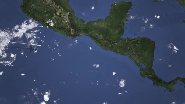 San Salvador, El Salvador'a harita üzerinde uçan bir ticari uçağın rotası. Intro 3d animasyon — Stok video