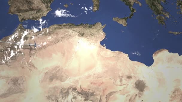 Vliegtuig vanuit west, intro 3d animatie naar Tripoli, Libya — Stockvideo