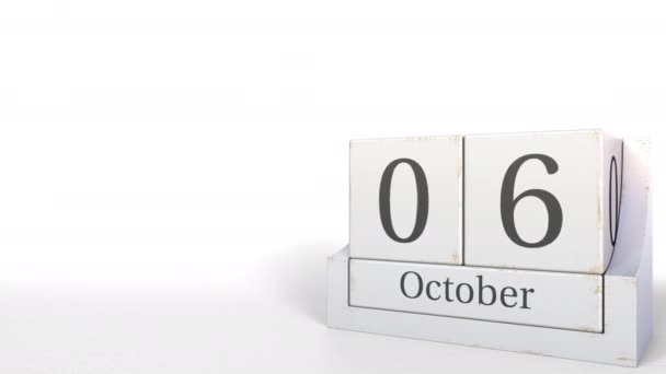 El calendario cubo muestra la fecha del 6 de octubre. Animación 3D — Vídeos de Stock