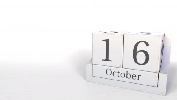 Bloques de madera calendario muestra 16 de octubre fecha, animación 3D — Vídeo de stock