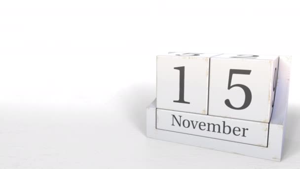 15 ноября дата по календарю деревянных блоков. 3D анимация — стоковое видео