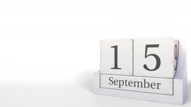 15. September Datum auf Holz Ziegel Kalender. 3D-Animation — Stockvideo