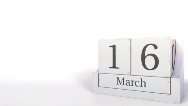 16 марта дата по календарю ретро блоков, 3D анимация — стоковое видео