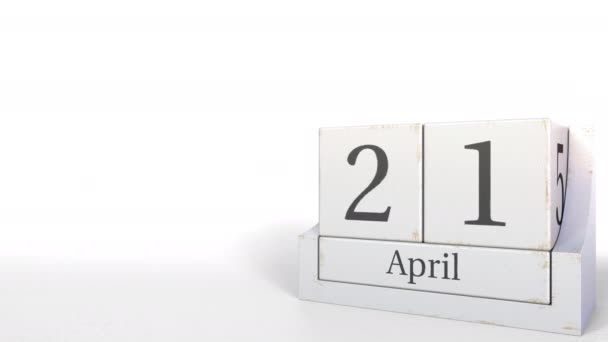 El calendario del cubo muestra la fecha del 21 de abril. Animación 3D — Vídeo de stock