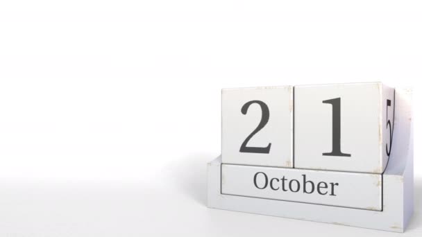 Calendário cubo mostra 21 de outubro data. Animação 3D — Vídeo de Stock