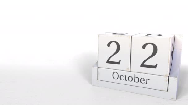 木製のブロック カレンダー 10 月 22 日。3 d アニメーション — ストック動画