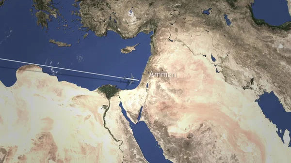 Rota de um avião comercial voando para Amã, Jordânia no mapa. Renderização 3D — Fotografia de Stock