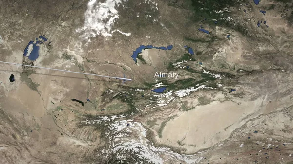 Rota de um avião comercial voando para Almaty, Cazaquistão no mapa. Renderização 3D — Fotografia de Stock