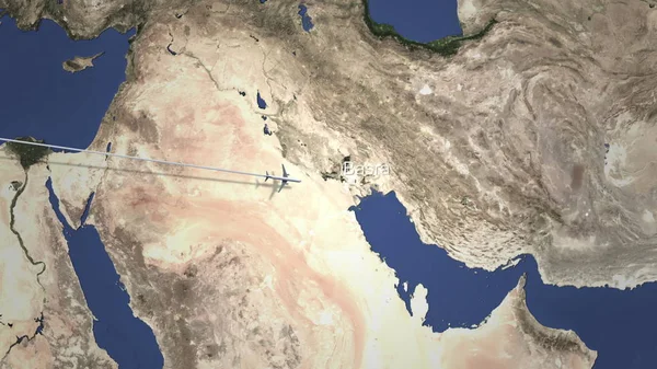Avión volando a Basora, Iraq en el mapa. Renderizado 3D — Foto de Stock