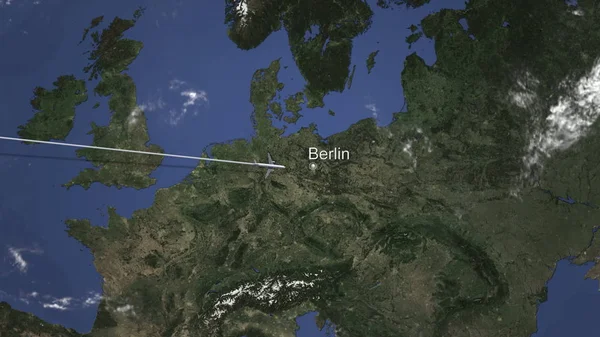 Avión llegando a Berlín, Alemania desde el oeste, renderizado 3D — Foto de Stock