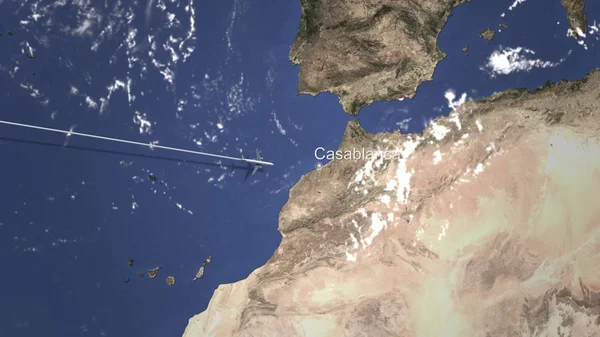 Avión que vuela a Casablanca, Marruecos en el mapa. Renderizado 3D — Foto de Stock