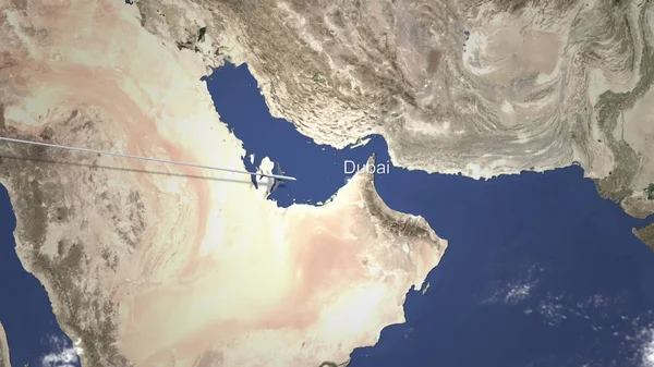 Avión comercial llega a Dubai, Emiratos Árabes Unidos, representación 3D — Foto de Stock