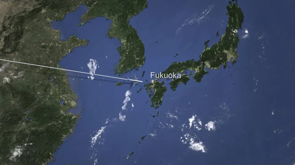Komerční letadlo přistane do Fukuoka, Japonsko, vykreslování 3d objektů — Stock fotografie