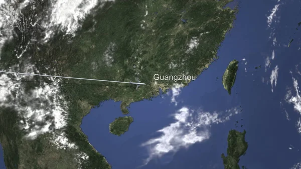 Komerční letadlo přistane do Guangzhou, Čína, vykreslování 3d objektů — Stock fotografie
