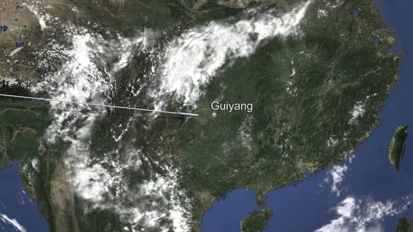 Letadlo letící do Guiyang, Čína na mapě. 3D vykreslování — Stock fotografie