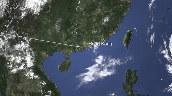Cesta komerční letadla létající do Hongkongu, Číně na mapě. 3D vykreslování — Stock fotografie