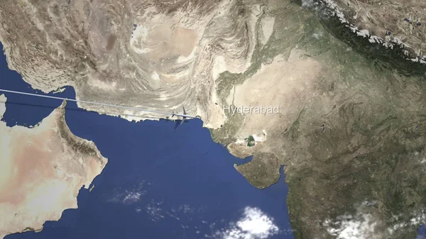 Avião voando para Hyderabad, Paquistão no mapa. Renderização 3D — Fotografia de Stock