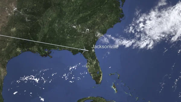 Letadlo letící do Jacksonville, Spojené státy od západu. 3D vykreslování — Stock fotografie