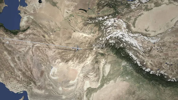 Kabil, Afganistan için Batı'dan uçan yolcu uçağı. 3D render — Stok fotoğraf