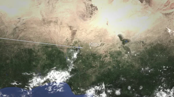 Avião comercial voando para Kano, Nigéria. Renderização 3D — Fotografia de Stock
