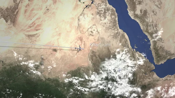 Avión que vuela a Jartum, Sudán desde el oeste. Renderizado 3D — Foto de Stock