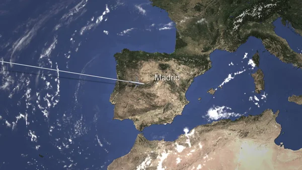 Avión que vuela a Madrid, España en el mapa. Renderizado 3D — Foto de Stock