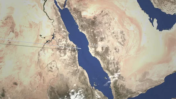 Rota de um avião comercial voando para Meca, Arábia Saudita no mapa. Renderização 3D — Fotografia de Stock