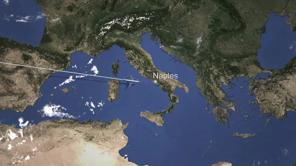 Avión llegando a Nápoles, Italia desde el oeste, renderizado 3D — Foto de Stock