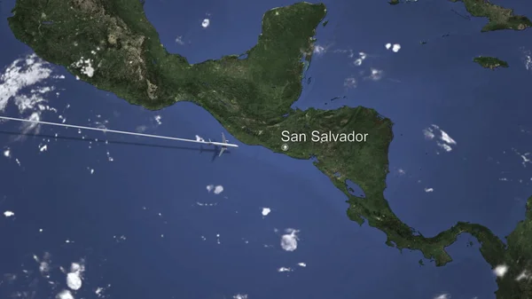 Cesta komerční letadla létající do Salvadoru San Salvador na mapě. 3D vykreslování — Stock fotografie