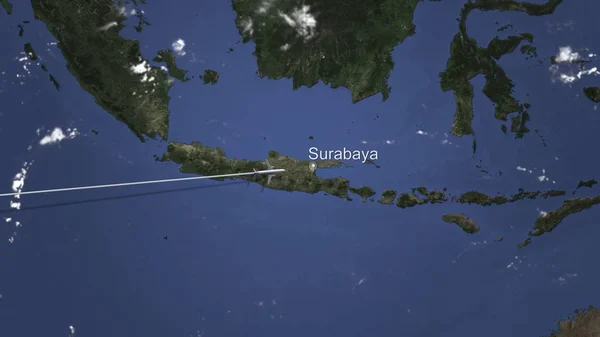 Letadlo po příjezdu do Surabaya, Indonésie od západu, vykreslování 3d objektů — Stock fotografie