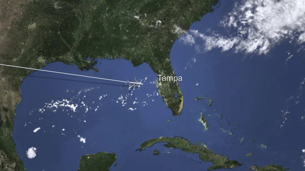 Komerční letadlo přistane na Tampa, Spojené státy americké, vykreslování 3d objektů — Stock fotografie