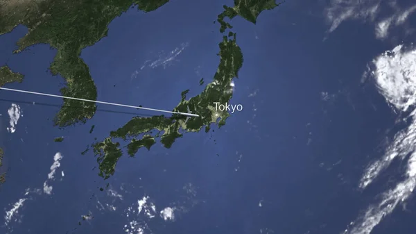 Letadlo letící od západu do destinace Tokio, Japonsko. 3D vykreslování — Stock fotografie
