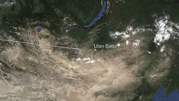 Avión volando a Ulan Bator, Mongolia desde el oeste. Renderizado 3D — Foto de Stock