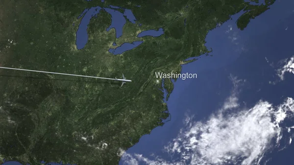 Avión volando a Washington, Estados Unidos desde el oeste. Renderizado 3D — Foto de Stock