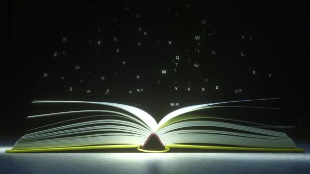 Texto de CREATIVIDAD hecho de letras brillantes que se vaporizan del libro abierto. Animación 3D — Vídeos de Stock