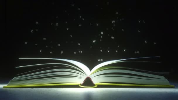 FAIRY TALE texto hecho de letras brillantes que se vaporizan del libro abierto. Animación 3D — Vídeos de Stock